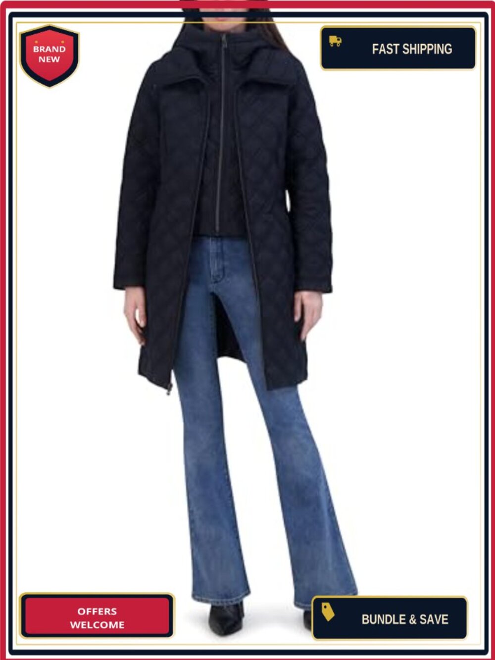 Women's Quilted Jacket Silky Taffeta Water-Resistant Long Sleeve Zip Front - Picture 3 of 4